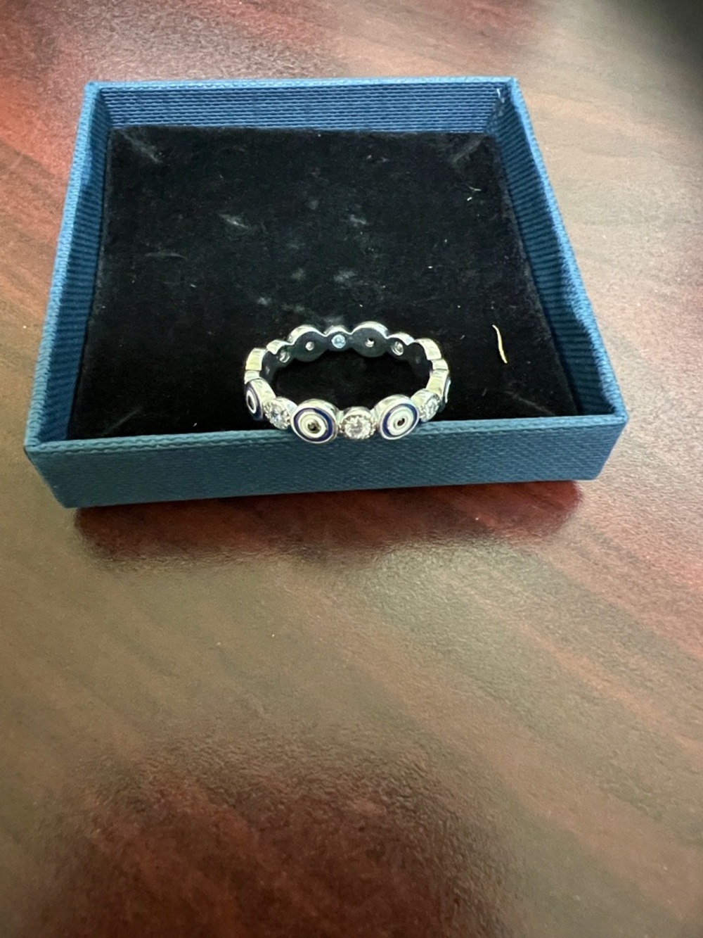 Silver and Navy Blue Evil Eye Stackable Ring - Women's Jewelry